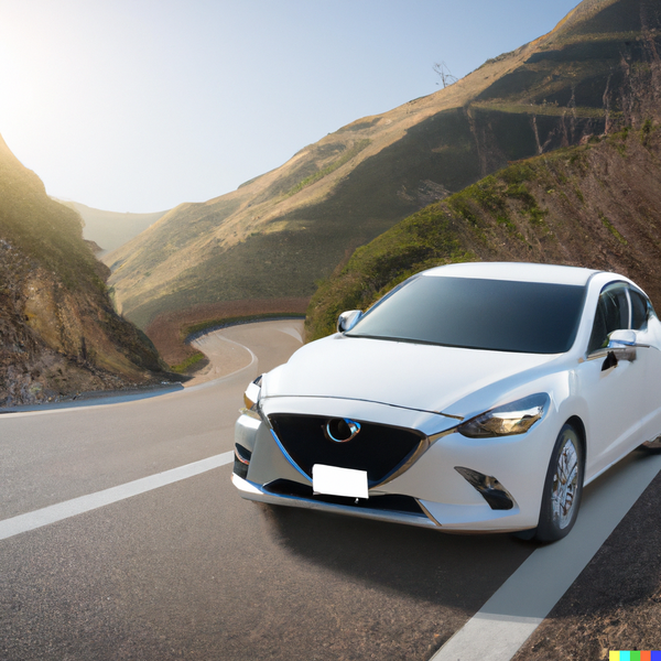 DALL·E 2023-02-07 11.05.44 - A white Mazda 3 driving on mountain road.png