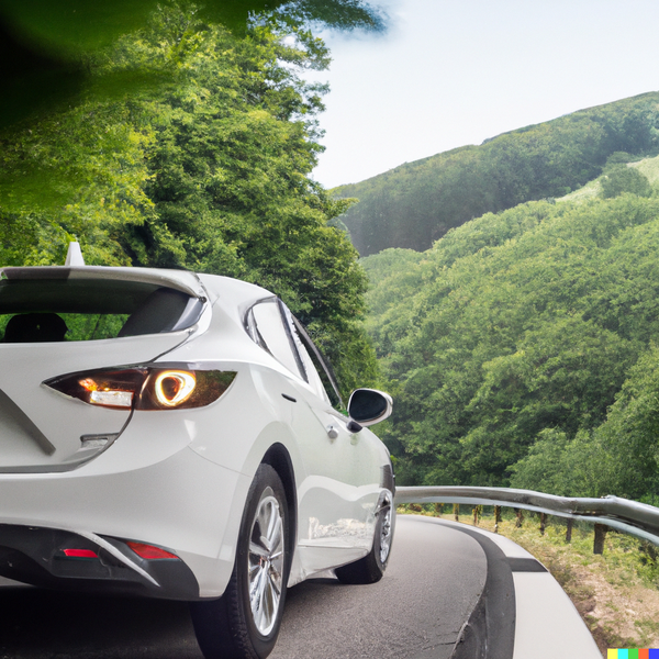 DALL·E 2023-02-07 11.05.22 - A white Mazda 3 driving on mountain road.png